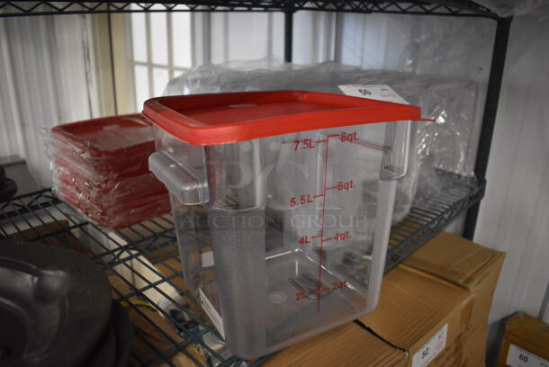 ALL ONE MONEY! Lot of 12 BRAND NEW! Clear Poly 8 Quart Bins w/ Red Lids. 9x10x9 - Image 2 of 4
