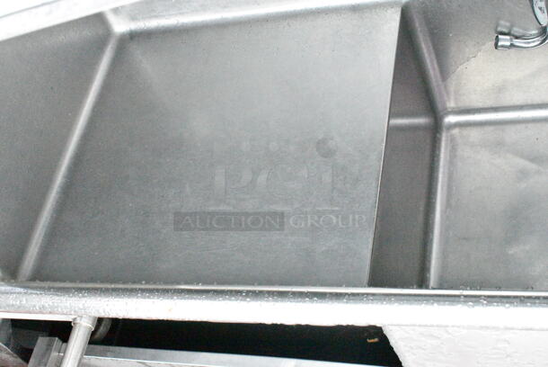 Stainless Steel Commercial 2 Bay Sink w/ 2 Faucets, 2 Handle Sets, Left Side Drain Board. Missing 2 Legs. Bay 24x24x12. Drain Board 19.5x20 - Image 7 of 9
