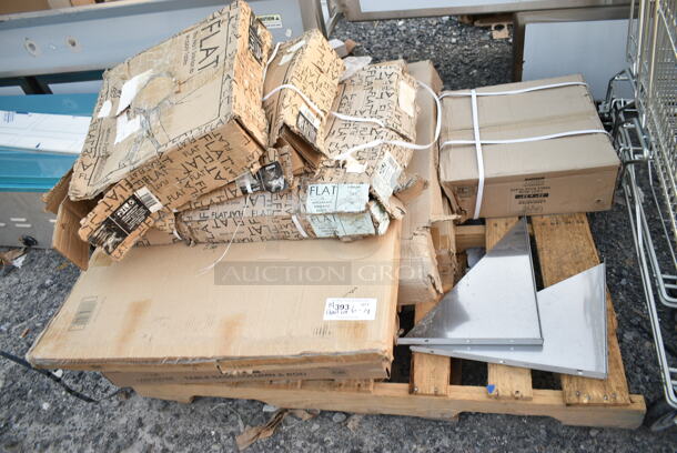 PALLET LOT of 14 BRAND NEW SCRATCH AND DENT! Items Including Flat FBT2093A01 Table Feet and Column Top, 1643042TFGRY Lancaster Table & Seating 30" x 42" Rectangular Thermo-Formed MDF Table Top with Gray Wood Finish, 4 Box 164TCOLROD25 Lancaster Table & Seating 25 3/16" Standard Height Table Base Column and Rod, 4 3493030TCB Lancaster Table & Seating 30" x 30" Laminated Square Table Top Reversible Cherry / Black, 600T2436G Regency 24" x 36" 18-Gauge 304 Stainless Steel Commercial Work Table with Galvanized Legs and Undershelf. 14 Times Your Bid! - Image 2 of 11