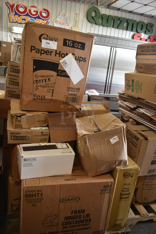 PALLET LOT of 25 BRAND NEW Boxes Including 50016C Choice 16 oz. Coffee Print Poly Paper Hot Cup - 1000/Case, 824339 Flashback Whiskey Glasses, 15970 Libbey Rocks Glasses, 50HT1 Foam Hinged Lid Containers, Choice 32 ox Clear Plastic Salad Bowl, 512XKD968CL Choice Deli Tag Pan / Bowl Sign Holder Clip - 25/Pack, 407POA16 Choice 15" Aluminum Pail Opener,347TCL5 Choice 5 oz. Clear Disposable Plastic Tumbler - 500/Case. 25 Times Your Bid! - Image 2 of 8