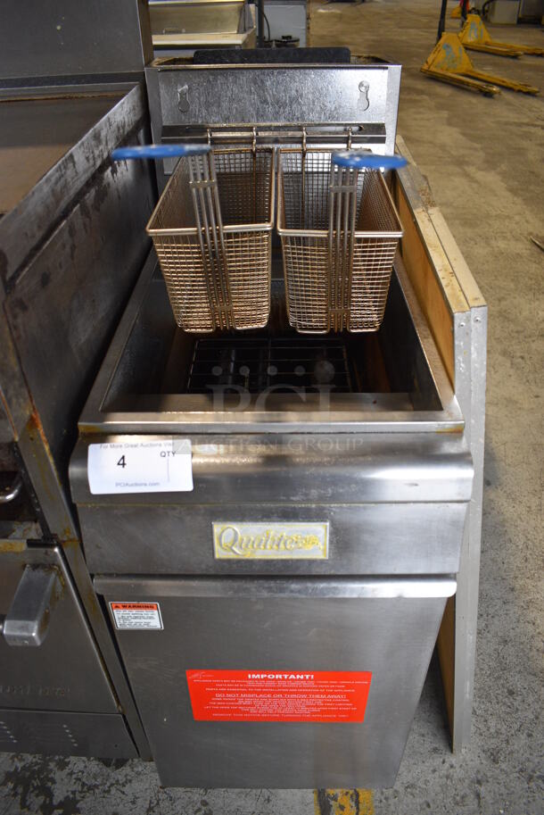 2012 Qualite Model QL-9/NG Stainless Steel Commercial Floor Style Natural Gas Powered Deep Fat Fryer w/ 2 Metal Fry Baskets. 90,000 BTU. 15.5x30.5x45
