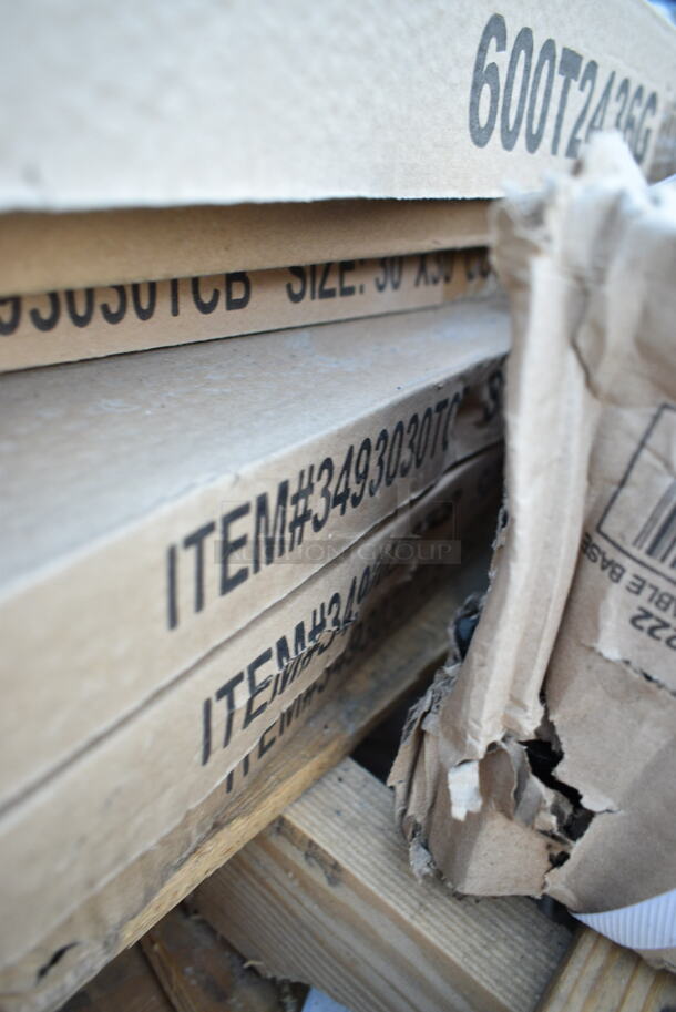 PALLET LOT of 14 BRAND NEW SCRATCH AND DENT! Items Including Flat FBT2093A01 Table Feet and Column Top, 1643042TFGRY Lancaster Table & Seating 30" x 42" Rectangular Thermo-Formed MDF Table Top with Gray Wood Finish, 4 Box 164TCOLROD25 Lancaster Table & Seating 25 3/16" Standard Height Table Base Column and Rod, 4 3493030TCB Lancaster Table & Seating 30" x 30" Laminated Square Table Top Reversible Cherry / Black, 600T2436G Regency 24" x 36" 18-Gauge 304 Stainless Steel Commercial Work Table with Galvanized Legs and Undershelf. 14 Times Your Bid! - Image 10 of 11