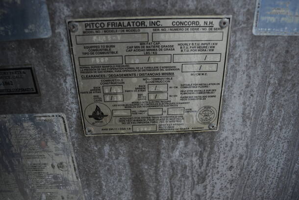 Pitco Frialator Model F14S-V Stainless Steel Commercial Floor Style Propane Gas 2 Bay Fryer w/ Center Dumping Station on Commercial Casters. 110,000 BTU. 49x32x54 - Image 5 of 9