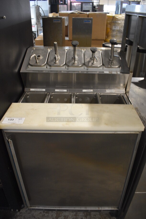 Silver King Model SKF2A Stainless Steel Commercial Prep Table w/ 5 Drop Ins w/ Pumps, 4 Drop Ins and Cutting Board on Commercial Casters. 115 Volts, 1 Phase. 27x30x43. Tested and Working!