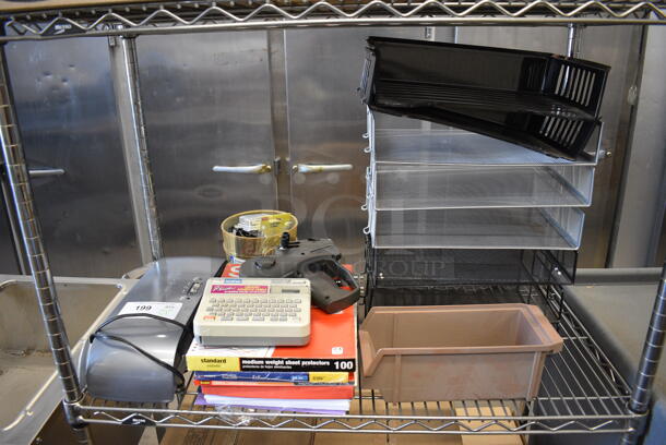 ALL ONE MONEY! Lot of Various Items Including Brother Label Printer, Price Tag Gun, Fellowes Shredder and Mesh Trays.
