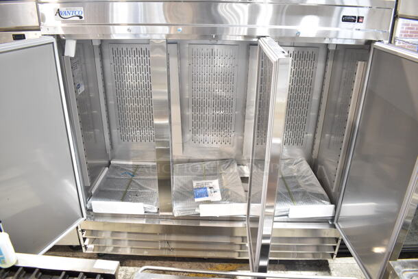 BRAND NEW SCRATCH AND DENT! 2024 Avantco 178SS3RHC Stainless Steel Commercial 3 Door Reach In Cooler w/ Poly Coated Racks. 115 Volts, 1 Phase. Tested and Working! - Image 3 of 9
