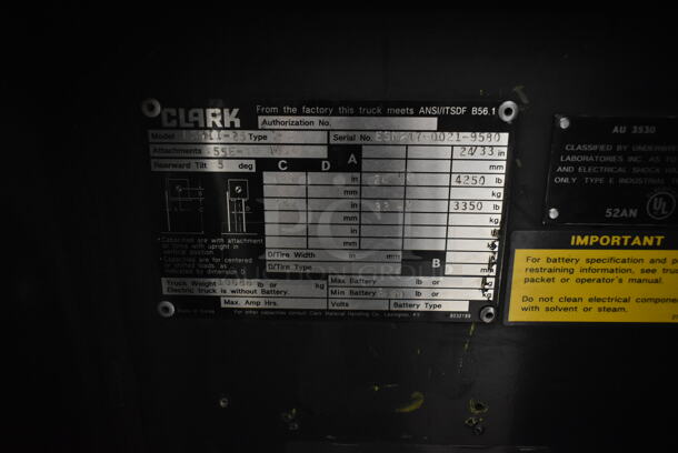 Clark ESMII-25 Metal Industrial 5,000 Pound Capacity Electric Powered Rider Forklift w/ Bulldog Battery Charger. Hours 4,932. Forklift is Tested and Working! - Image 8 of 12