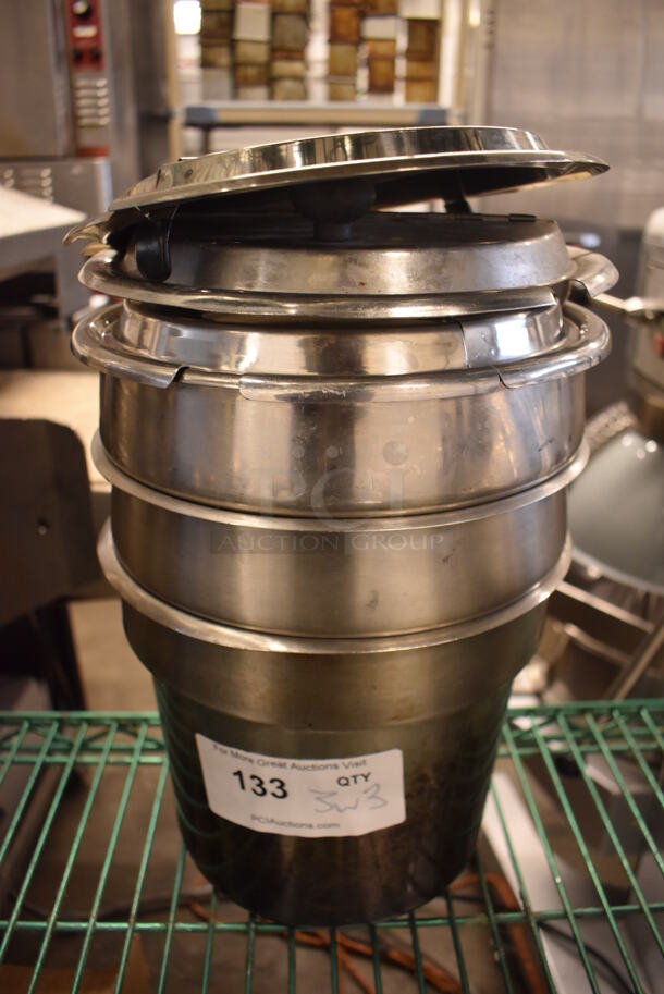 3 Stainless Steel Cylindrical Drop In Bins w/ 3 Lids. 9.5x9.5x8. 3 Times Your Bid! - Image 1 of 3
