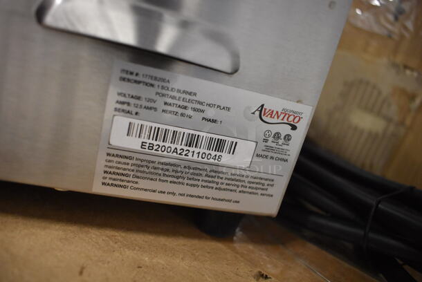 BRAND NEW IN BOX! Avantco 177EB200A Stainless Steel Commercial Countertop Single Burner Solid Top Portable Electric Hot Plate. 120 Volts, 1 Phase. 13x13x4.5. Tested and Working! - Image 5 of 5