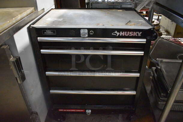 Husky Black Metal 600 Pound Capacity 4 Drawer Tool Box w/ Contents on Commercial Casters. 30x18.5x34.5