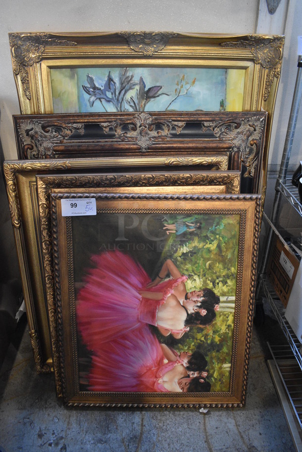 5 Various Framed Pictures; Dancer, Party, Beach, Woman at Wall and Vase. Includes 31x2x43. 5 Times Your Bid!