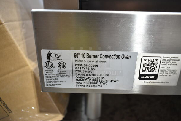 BRAND NEW SCRATCH AND DENT! Cooking Performance Group CPG 351CC60N Stainless Steel Commercial Natural Gas 10 Burner 60" Range with 2 Convection Ovens, Over Shelf and Back Splash. 360,000 BTU - Image 11 of 11