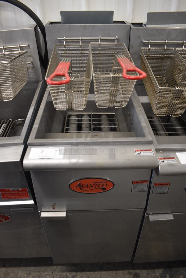 2021 Avantco Model FF400-P Stainless Steel Commercial Floor Style Propane Gas Powered 50 Pound Capacity Deep Fat Fryer w/ 2 Metal Fry Baskets. 120,000 BTU. 15.5x30x47