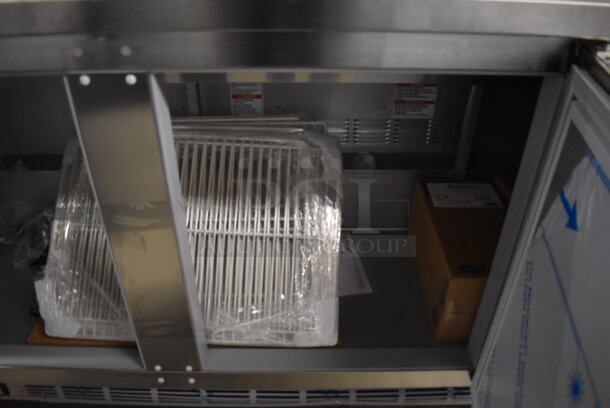 BRAND NEW SCRATCH AND DENT! Beverage Air SPE72HC-18 Stainless Steel Commercial Sandwich Salad Prep Table Bain Marie Mega Top w/ Racks and 18 Drop In Bins on Commercial Casters. 115 Volts, 1 Phase. 72x30x43. Tested and Working! - Image 8 of 12