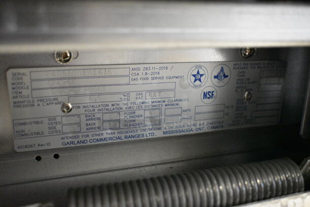 BRAND NEW SCRATCH AND DENT! 2024 Garland G36-6R Stainless Steel Commercial Natural Gas Powered 6 Burner Range w/ Oven, Over Shelf and Back Splash.  - Image 9 of 9