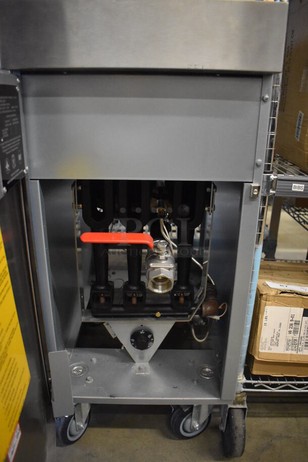 BRAND NEW! 2016 Vulcan LG300-1 Stainless Steel Commercial Floor Style Natural Gas Powered Deep Fat Fryer w/ 2 Metal Fry Baskets on Commercial Casters. 90,000 BTU. 15.5x30x47 - Image 5 of 6