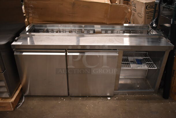 BRAND NEW SCRATCH AND DENT! 2023 Avantco 178SSPT71HC Stainless Steel Commercial Refrigerated Sandwich Prep Table. Missing Door and Top. 115 Volts, 1 Phase. Tested and Powers On But Does Not Get Cold - Image 1 of 7