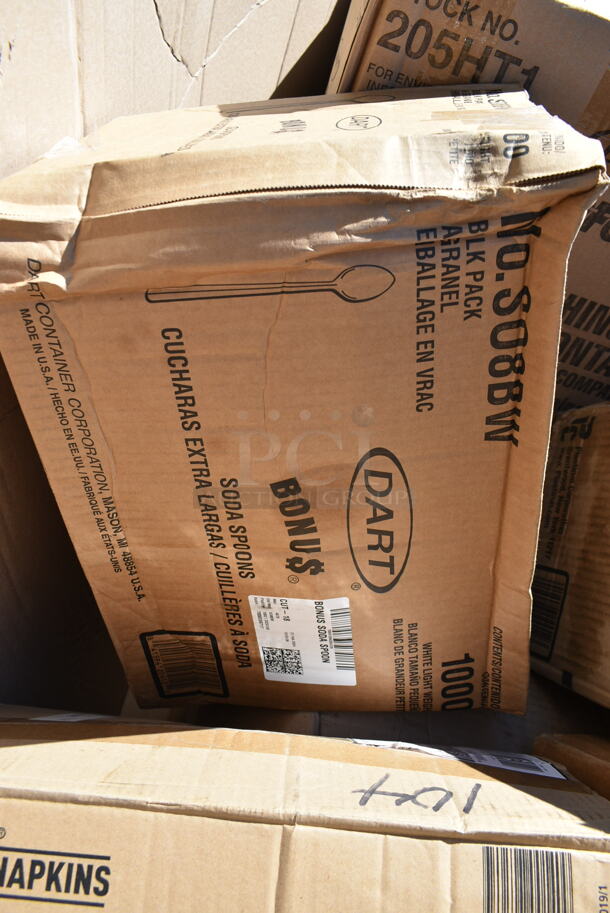 PALLET LOT of 21 BRAND NEW Boxes Including SO8BW Dart White Plastic Soda Spoon, Eilat 9" Plates, 500CC9 Choice 9 oz. Clear PET Customizable Plastic Squat Cold Cup, 17616STPEBBL Choice 16 oz. Blue SAN Plastic Pebbled Tumbler - 12/Pack, 7152 Spaceman 2.1.1.31.0003 7.3 Qt. Torque Rotor, Dart PP2464BDL PresentaBowls Pro Vented Clear Square Lid for 24, 32, 48, and 64 oz. Square Plastic Bowls, 130TASTERSP Choice 3" White Plastic Tasting Spoon - 3000/Case, Dart S6BW 5 7/8" Medium Weight White Plastic Teaspoon - 1000/Case. 21 Times Your Bid!  - Image 2 of 12