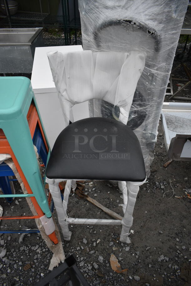 3 BRAND NEW SCRATCH AND DENT! Lancaster Table & Seating Black Metal Bar Height Chair Frame; 1 164BCROSSCFR Cross Back and 2 164BMTLADFR Ladder Back. 3 Times Your Bid!  - Image 3 of 8
