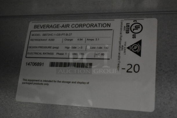 BRAND NEW SCRATCH AND DENT! Beverage Air BB72HC-1-GS-PT-B-27 Stainless Steel Commercial 3 Door Back Bar Cooler Merchandiser. 115 Volts, 1 Phase. Tested and Working! - Image 5 of 5
