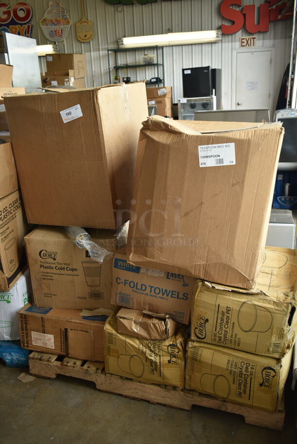 PALLET LOT of 14 BRAND NEW Boxes Including 130WSPOON Choice Medium Weight White Plastic Teaspoon - 1000/Case, 500TW14 Choice 14 oz. Translucent Thin Wall Plastic Cold Cup - 1000/Case, 3 Box 127DM16BULK Choice 16 oz. Ultra Clear PET Plastic Round Deli Container - 500/Case, 500CFT Lavex C Fold Towels, 2 Box 966UPWIDE OneUp by Choice White 1-Ply Wide Interfold 6 1/2" x 8 1/2" Dispenser Napkin - 6000/Case. 14 Times Your Bid! - Image 1 of 7