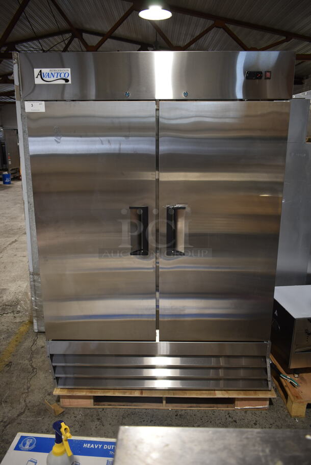 BRAND NEW SCRATCH AND DENT! 2023 Avantco 178A49RHC Stainless Steel Commercial 2 Door Reach In Cooler w/ Poly Coated Racks. 115 Volts, 1 Phase. Tested and Working!