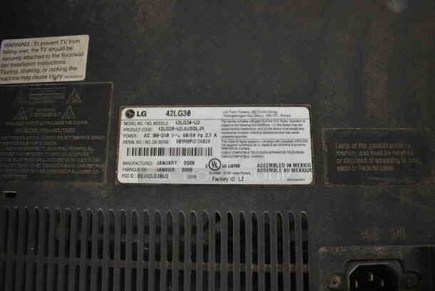 LG Model 42LG30 42" LCD Television. 100-240 Volts, 1 Phase. Buyer Must Pick Up - We Will Not Ship This Item.  - Image 3 of 4