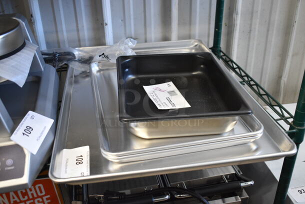 4 BRAND NEW SCRATCH AND DENT! Items Including 92270222 Vollrath 70222 Super Pan V® 1/2 Size 2 1/2" Deep Anti-Jam Stainless Steel SteelCoat x3 Non-Stick Steam Table / Hotel Pan - 22 Gauge, 2 Metal Half Size Baking Pans and 1 Full Size Metal Baking Pan. 4 Times Your Bid!  - Image 1 of 3