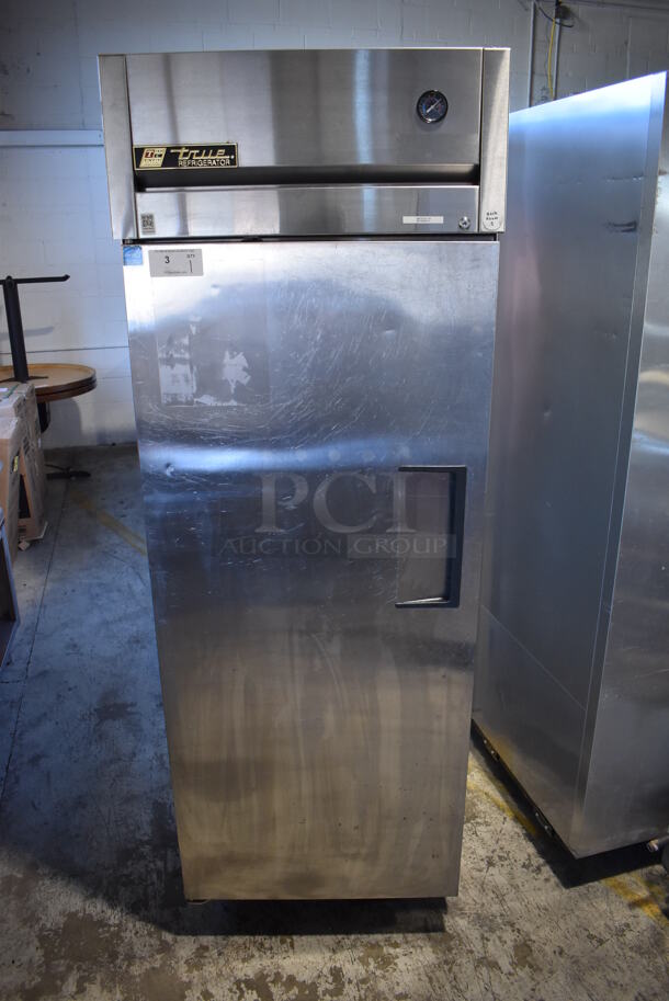 2012 True TG1R-1S ENERGY STAR Stainless Steel Commercial Single Door Reach In Cooler w/ Poly Coated Racks on Commercial Casters. 115 Volts, 1 Phase. 29x35x83. Tested and Working! - Image 1 of 5