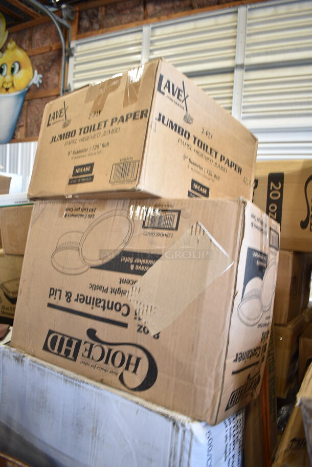 PALLET LOT of 28 BRAND NEW Boxes Including 128HD8COMBO ChoiceHD 8 oz. Microwavable Translucent Plastic Deli Container and Lid Combo Pack - 240/Case, 130BKFSNH Visions Heavy Weight Black Wrapped Plastic Cutlery Pack with Napkin - 500/Case, 2 Box 50020W Choice 20 oz. White Poly Paper Hot Cup - 600/Case, JE0111 Coconut Jelly, 3 Box 129MCS28W Choice 28 oz. White 8 3/4" x 6 1/4" x 1 3/4" Rectangular Microwavable Heavy Weight Container with Lid - 150/Case, 4070049 Choice Full Size 4" Deep 24 Gauge Anti-Jam Stainless Steel Steam Table / Hotel Pan, 500TO993Choice 9" x 9" x 3" Microwavable 1-Compartment Black / Clear Plastic Hinged Container - 100/Case, 2 Box 347TCL12 Choice 12 oz. Clear Disposable Plastic Tumbler - 500/Case, 190HCM80WA Hobart Equivalent Stainless Steel Wire Whip for Classic Mixers (80 Qt. Bowls), PanSaver Bags. 28 Times Your Bid! - Image 2 of 12