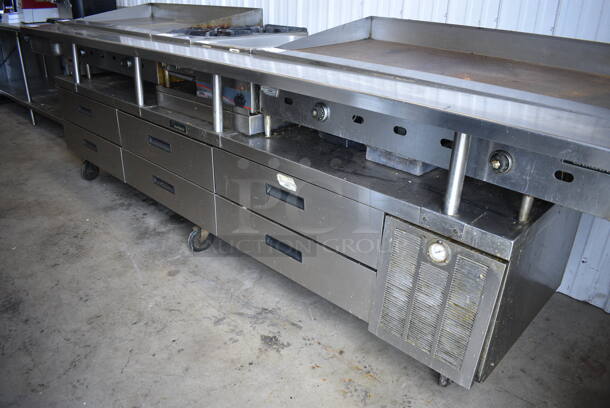 Delfield Stainless Steel Commercial 6 Drawer Chef Base on Commercial Casters. 123x36x38. Tested and Working!