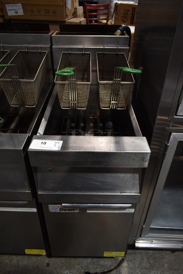2017 Dean D150GNTS Stainless Steel Commercial Floor Style Natural Gas Powered Deep Fat Fryer w/ 2 Metal Fry Baskets on Commercial Casters. 120,000 BTU. 