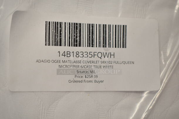 3 BRAND NEW SCRATCH AND DENT! Items; 14B20673STWH ALLURE PILLOWCASE 21X31 STANDARD 60/40 COTTON/POLY 72/CASE WHITE T250, 14B14786FXLWH SUITEDREAM FITTED SHEET 54X80X15 FULL XL MICROFIBER 24/CASE SOLID TRUE WHITE, 14B18335FQWH ADAGIO OGEE MATELASSE COVERLET 98X102 FULL/QUEEN MICROFIBER 6/CASE TRUE WHITE. 3 Times Your Bid! - Image 5 of 5