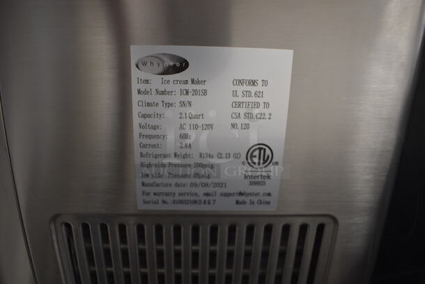BRAND NEW SCRATCH AND DENT! Whynter ICM-201SB Stainless Steel Commercial Countertop Ice Cream Maker. 110-120 Volts, 1 Phase. 10x12x12. Tested and Working! - Image 4 of 5