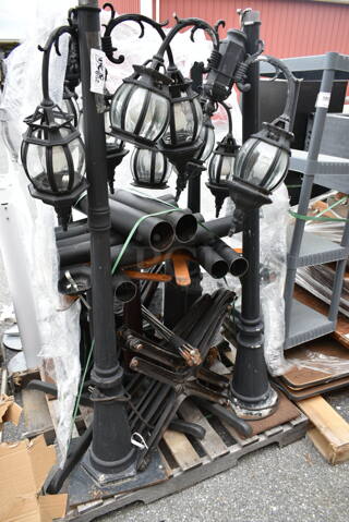ALL ONE MONEY! PALLET LOT of 4 Large Lamps, 10 Table Columns, 3 Table Columns w/ Bases, 10 Screws, 9 X Column Feet, 10 Silver X Table Column Tops. 