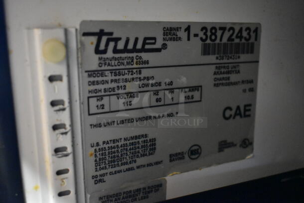 True TSSU-72-18 Stainless Steel Commercial Sandwich Salad Prep Table Bain Marie Mega Top w/ Black Poly Drop In Bins on Commercial Casters. 115 Volts, 1 Phase. Tested and Powers On But Does Not Get Cold - Image 8 of 8