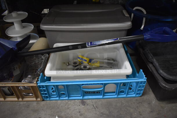 ALL ONE MONEY! Lot of Items Under Table Including Poly Bins, Snow Shovel, 3 Tier Poly Stand - Image 3 of 5