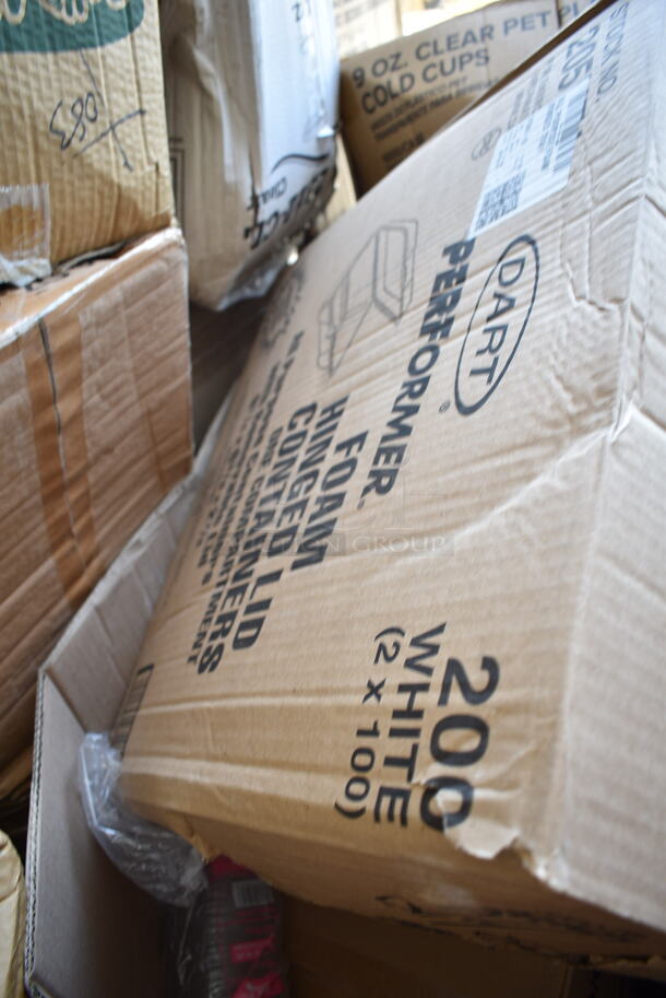 PALLET LOT of 20 BRAND NEW Boxes Including 176BSKT128BK Choice 12" x 8 1/2" x 1 1/2" Black Rectangular Plastic Fast Food Basket - 12/Pack, 612FHL1230 Choice Foil Steam Table Pan Lid - Half Size - 100/Case, 966TALLFLDN Choice Kraft Natural Tall Fold Dispenser Napkin, 427TB2230 Lancaster Table & Seating Excalibur 22" x 30" Cross Outdoor Table Base Plate, 500LDOME Choice 9 oz., 12 oz., 16 oz., 20 oz., 24 oz. Clear Dome Lid with 1" Hole - 1000/Case, 500CC9 Choice 9 oz. Clear PET Customizable Plastic Squat Cold Cup - 1000/Case, 4 Box 130WSPOON Choice Medium Weight White Plastic Teaspoon - 1000/Case, Dart 205HT1 White Foam Take Out Container with Perforated Hinged Lid 9" x 6" x 3" - 200/Case. 20 Times Your Bid! - Image 7 of 12