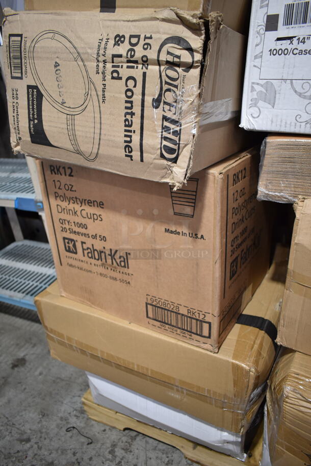 PALLET LOT of 35 BRAND NEW Boxes Including 5005DNAPFLTE Choice Touchstone White Linen-feel Dinner Napkin, 128HD8COMBO Choice Microwavable Translucent Plastic Deli Container and Lid, 2 Box 500L1020B Choice Black Hot Paper Cup Travel Lid, 485COLWNEON Choice Neon Wrapped Straw, 245CB12 Choice Customizable Plain Pizza Box, 500MF993B1C Choice 9" x 9" 1-Compartment Microwaveable Black Mineral-Filled Plastic Hinged Take-Out Container - 150/Case, RK12 Fabri-Kal RK Ribbed Cold Drink Cups, 12oz, Translucent, 50/Sleeve, 20 Sleeves/Carton, 2 Box 760V32 Carnival King 32 oz. Popcorn Cup - 500/Case, 760VP64 Carnival King Popcorn Bucket, Kari-out Company Japanese style Bamboo Chopsticks. 35 Times Your Bid! - Image 8 of 12