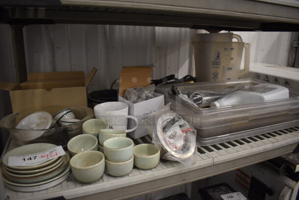 ALL ONE MONEY! Tier Lot of Various Metal Items Including Ceramic Dishes and Poly Bin