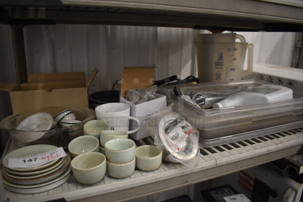 ALL ONE MONEY! Tier Lot of Various Metal Items Including Ceramic Dishes and Poly Bin - Image 1 of 5