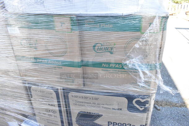 25 BRAND NEW Boxes Including 2 Box 395RP07 EcoChoice No PFAS Added Bamboo / Bagasse Blend 7" Plate - 1000/Case, MFHL8833CBLW Hinged Lid Containers, 2 Box Dart 90HTPF3R 9" x 9" x 3" White Foam Three-Compartment Square Take Out Container with Hinged Lid - 200/Case, 500CC20 Choice Clear PET Customizable Plastic Cold Cup - 20 oz. - 600/Case, 485CBW Choice 8" White Plastic Soda / Sundae Spoon - 1000/Case, 760SOUP6WPA Choice 6 oz Paper Hot Food Cups, 130BKFKSNSPX500 Choice Black Extra Heavy Weight Wrapped Plastic Cutlery Pack with Napkin and Salt and Pepper Packets - 500/Case, 5002BNAPWH Choice 2-Ply White Beverage / Cocktail Napkin - 3000/Case, 395RP06PF BAMBOO 9" ROUND PLATE 500/CS, 129MCR32B Choice 32 oz. Black Round Microwavable Heavy Weight Container with Lid 7 1/4" - 150/Case, 500CC10 Choice 10 oz. Clear PET Plastic Cold Cup - 1000/Case, Dart ClearPac SafeSeal 8 oz. Tamper-Resistant, Tamper-Evident Hinged Container with Flat Lid - 200/Case, 394325L Noble NexGen Powder-Free Disposable Blue Hybrid 3 Mil Thick Gloves - Large - 1000/Case, 4 Box 394345M Noble NexGen Powder-Free Disposable Black Hybrid 3 Mil Thick Gloves - Medium - 1000/Case. 25 Times Your Bid!  - Image 3 of 12