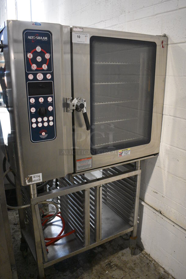 Alto Shaam Model Stainless Steel Commercial Electric Powered Combitherm Convection Oven w/ View Through Door and Metal Oven Racks on Metal Stand. 208-240 Volts, 3 Phase. 41x30x71