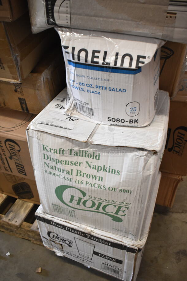 PALLET LOT of 38 BRAND NEW Boxes Including 2 Box 164CUSHWGGN Lancaster Table & Seating Spartan Series 2 1/2" Burgundy Vinyl Padded Seat for Chair and Barstool, 500COLLAR8BR EcoChoice 8 oz. Kraft Coffee Cup Sleeve / Jacket / Clutch - 1200/Case, 795PTOKFT8 Microwavable Folded Paper #8 Take-Out Container 6" x 4 5/8" x 2 1/2", 500L1020B Choice Black Paper Cup Lids, 760SOUP16WPA Choice 16 oz. White Double Poly-Coated Paper Food Cup with Vented Paper Lid - 250/Case, 2 Box 129MCR16B Choice 16 oz. Black 6 1/4" Round Microwavable Heavy Weight Container with Lid - 10/Pack, 2 Box Fineline Flairware 2312-CL 12 oz. Plastic Margarita with Clear Base - 144/Case, 5080-BK Fineline 5080-BK Super Bowl 80 oz. Black PET Plastic Bowl - 25/Case, 966TALLFLDN Choice Kraft Natural Tall-Fold 6" x 13" Dispenser Napkin - 8000/Case, 347TCL10 Choice 10 oz. Clear Disposable Plastic Tumbler - 500/Case. 38 Times Your Bid! - Image 6 of 8