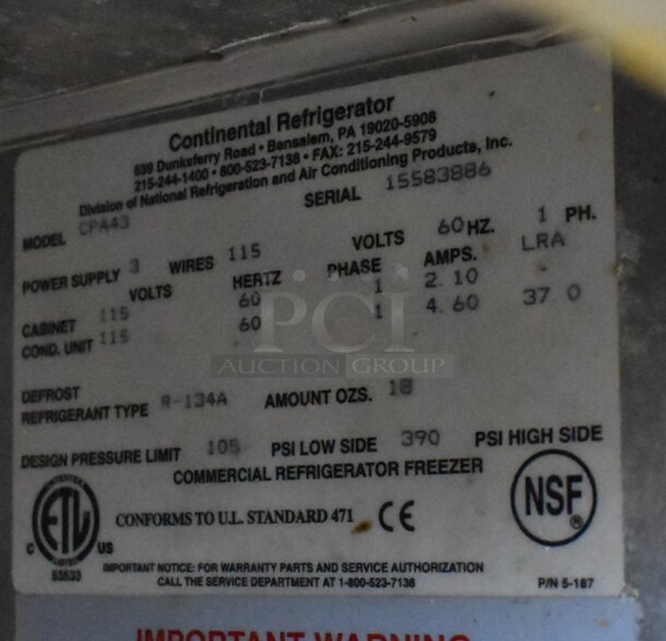 2015 Continental CPA43 Stainless Steel Commercial Prep Table Bain Marie w/ 3 Drawers. 115 Volts, 1 Phase. Tested and Working! - Image 9 of 9