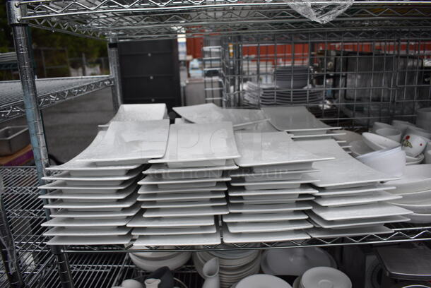 ALL ONE MONEY! Lot of 5 Tiers of Various Smallwares Including White Ceramic Plates, Dish Caddy, Scales, Cake Stands. Does Not Include Shelving Unit - Image 3 of 8