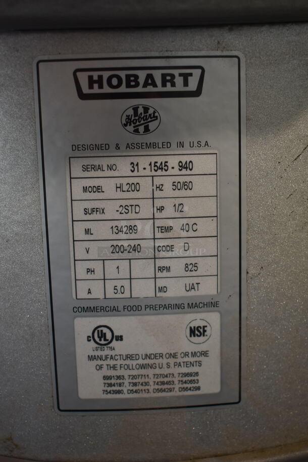 Hobart Legacy HL200 Metal Commercial Countertop 20 Quart Planetary Dough Mixer w/ Mixing Bowl, Bowl Guard, Paddle and Whisk Attachments. 200-240 Volts, 1 Phase. Tested and Working!  - Image 8 of 8