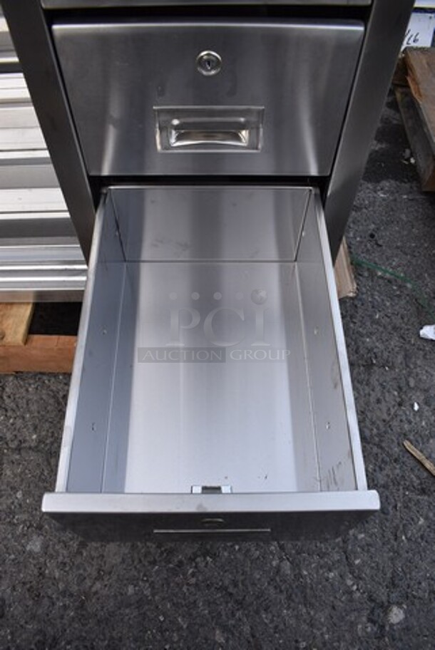 BRAND NEW SCRATCH AND DENT! Regency 600EBT2472R Stainless Steel Commercial 24" x 72" 16 Gauge Type 304 Enclosed Base Sliding Door Table with Drawers - Image 7 of 10