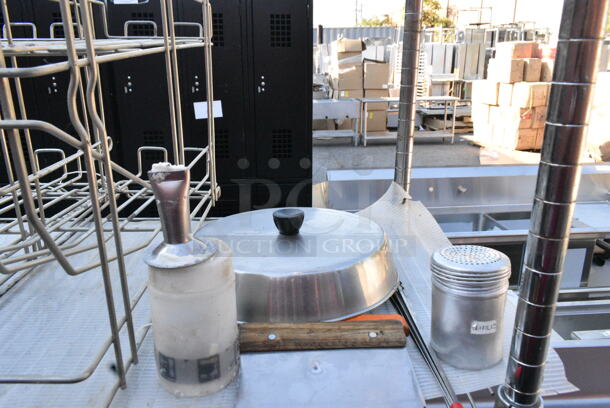 Chrome Finish 5 Tier Wire Shelving Unit on Commercial Casters w/ Contents Including Metal Baking Pans, Basket. Missing Wheel. BUYER MUST DISMANTLE. PCI CANNOT DISMANTLE FOR SHIPPING. PLEASE CONSIDER FREIGHT CHARGES. - Image 6 of 8