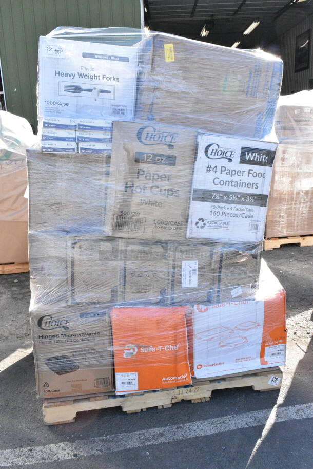 32 BRAND NEW Boxes Including 130WBKFORKH Choice Black Heavy Weight Wrapped Plastic Fork - 1000/Case, 3 Box 999DS15 Choice 15" x 10 3/4" Customizable Interfolded Deli Wrap Wax Paper - 500/Box, 50012W Choice 12 oz. White Poly Paper Hot Cup - 1000/Case, 500TO883C3 Choice 8" x 8" x 3" Microwaveable 3-Compartment Black / Clear Plastic Hinged Container - 100/Case, 795PTOWHT4 Choice White Microwavable Folded Paper #4 Take-Out Container 7 3/4" x 5 1/2" x 3 1/2" - 160/Case, 129MCR50B Choice 43 oz. Black Round Microwavable Heavy Weight Container with Lid 9" - 150/Case, 433NHTR101WH Choice 1/6 Standard Size 2.25 Mil White Reusable Extra Heavy-Duty Plastic T-Shirt Bag - 200/Case. 32 Times Your Bid!  - Image 1 of 12